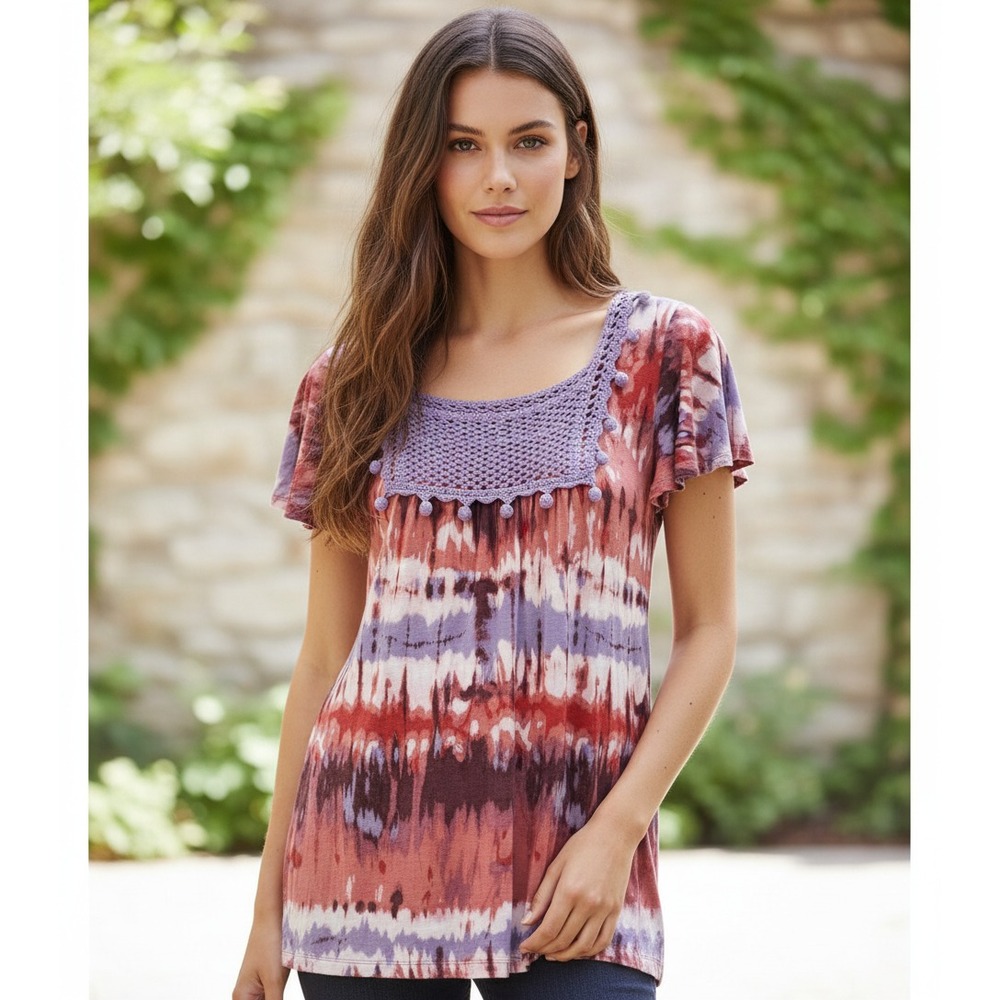 Cha Cha Vente L Top Womens Red Purple Crochet Lace Flutter Knit Whimsy Boho Twee